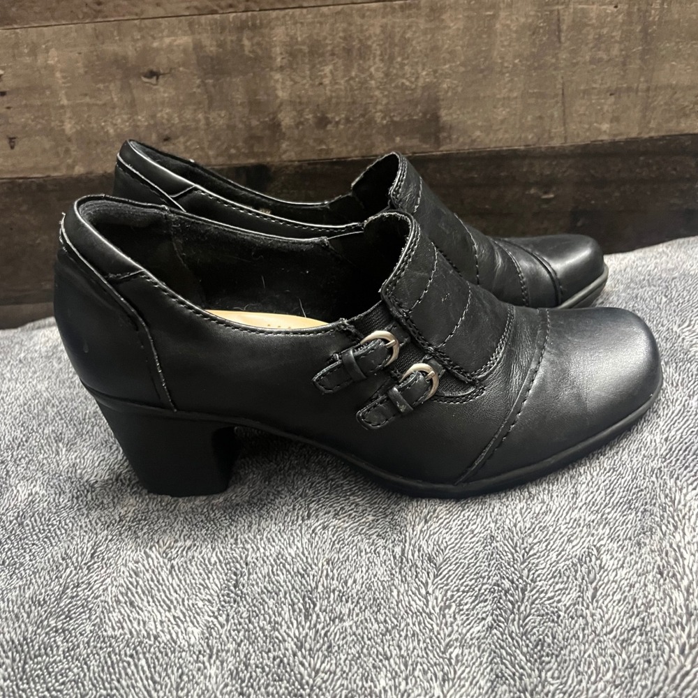 GH Bass Tonia Black Leather Heeled Loafers Double Buckle Slip Ons Witchy 8.5m